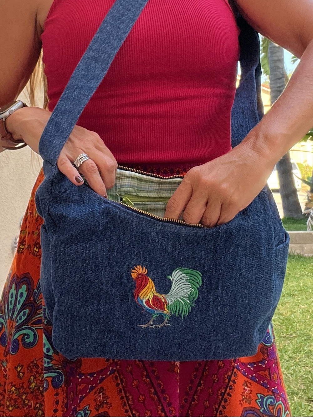 Handmade Denim Crossbody Bag with Flip Side Rooster-Sun Embroidery - Blue